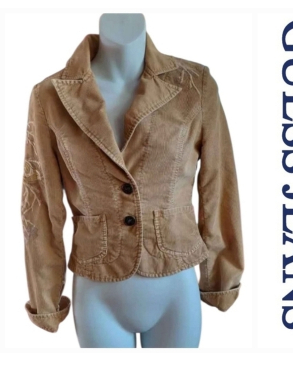 NWT Guess Jeans Tan Stretchy Corduroy Blazer with Fitted Waist And Embroidery ~S - Picture 7 of 7